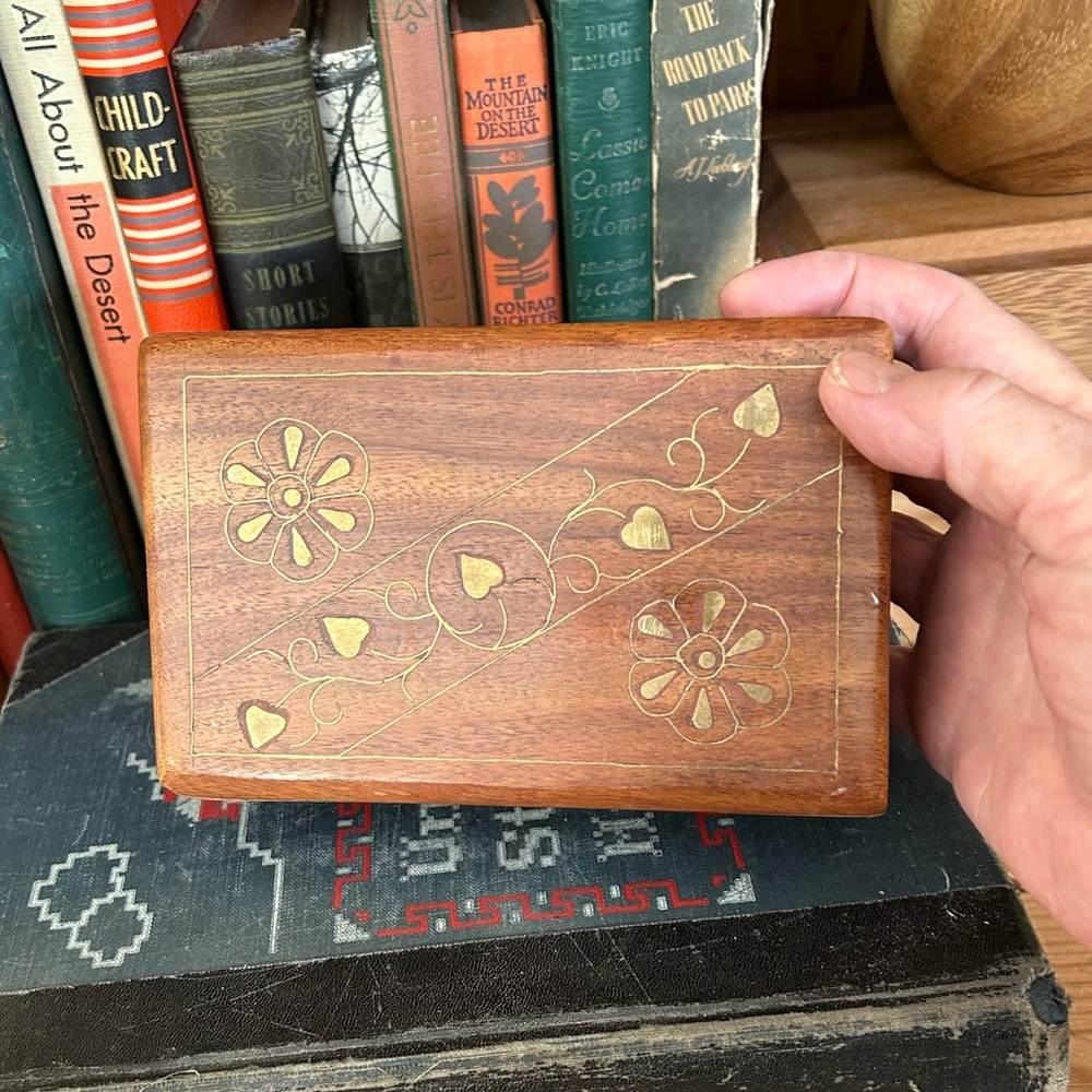 VINTAGE Wooden Box with Brass Floral Inlay